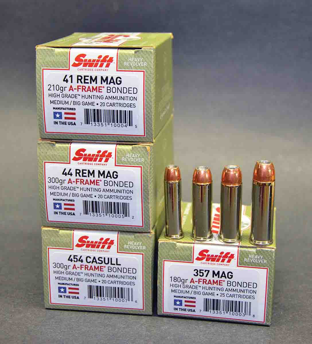 Swift High Grade factory loads shot for this report include the .357 Magnum, 180 A-Frame; .41 Magnum, 210 A-Frame; .44 Magnum, 300 A-Frame and the .454 Casull, 300 A-Frame.